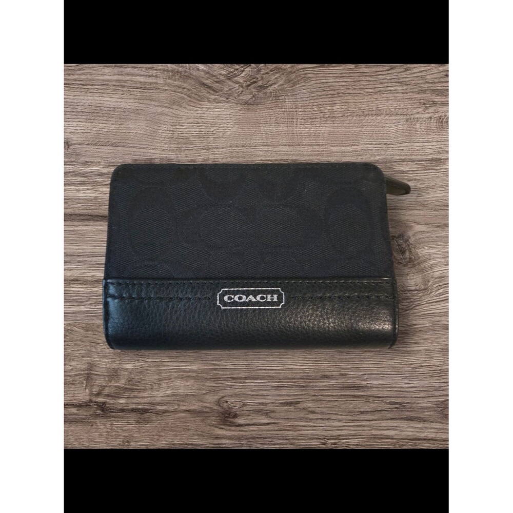 Coach Black Signature Compact Zip Wallet with Leather Trim